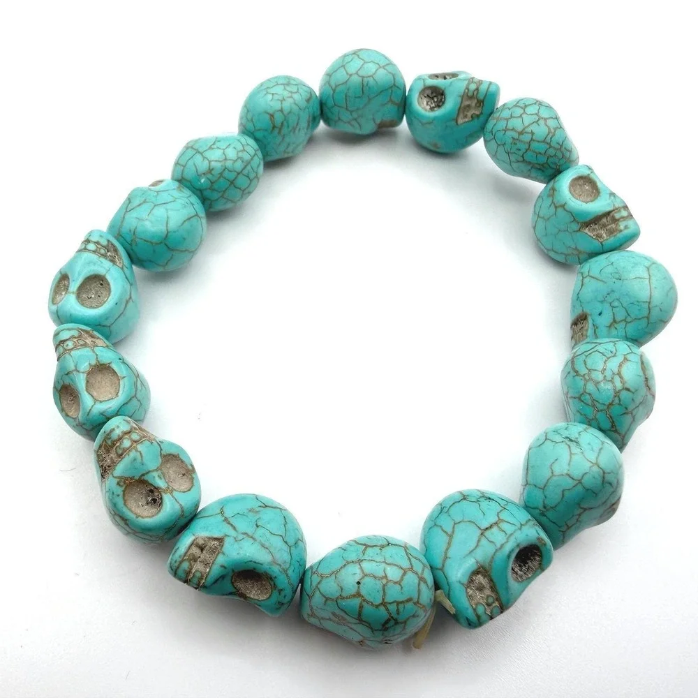 Vintage Turquoise Howlite‎ Skull Stretch Bracelet Halloween Gothic 7.5 Y2K 90s